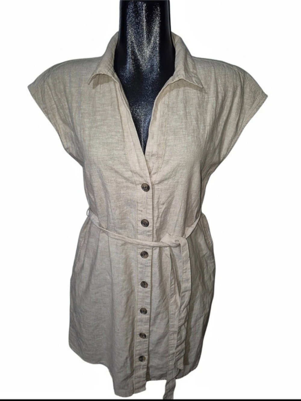 Joe Fresh Beige Linen Blend Button-up Short Sleeve Belted Shirt Dress